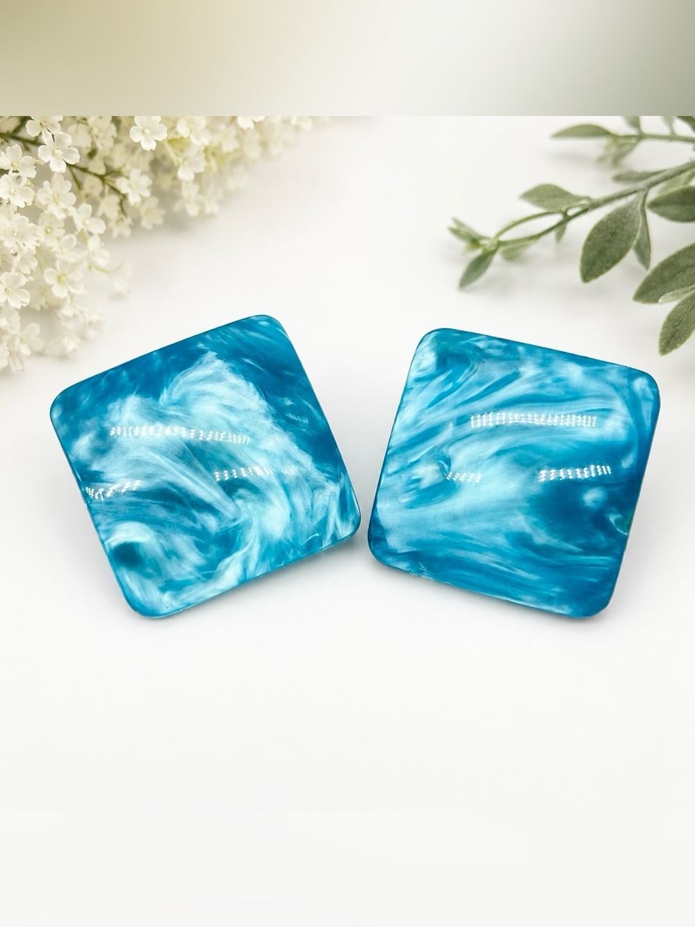 428. Aqua & White Marbled Pearlescent Lucite Circa 1980s Post Earrings